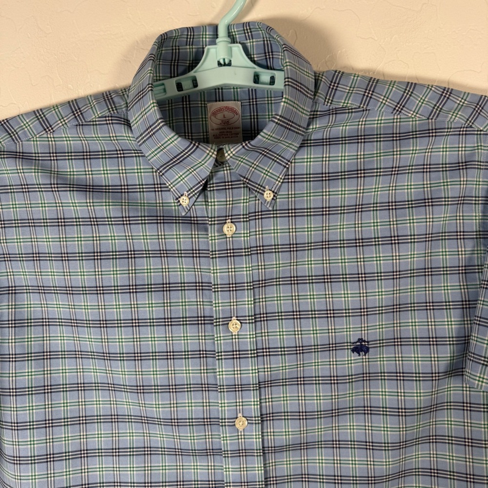 Brooks Brothers Shirt Mens Large Blue Button Down Oxford Short Sleeve Plaid Logo